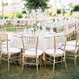 Round tables with white tablecloths and gold chiavari chairs arranged under string lights at a Kelowna vineyard wedding