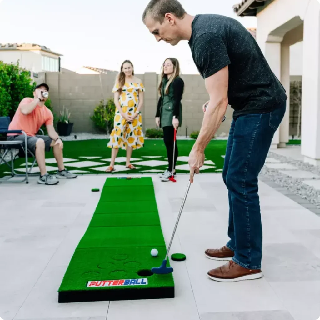 wedding lawn games rental BC setup with Putter Ball and Giant Connect 4 at outdoor Okanagan reception