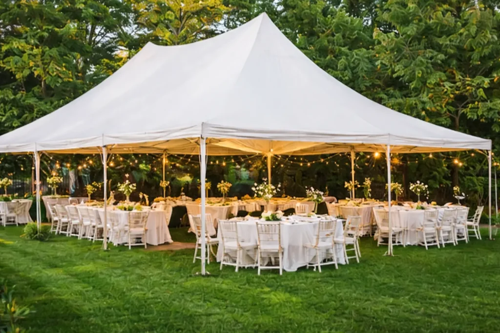 White outdoor wedding tent set up on a green lawn with round tables, white chairs, floral centerpieces, and string lights, ideal for a backyard or garden wedding event