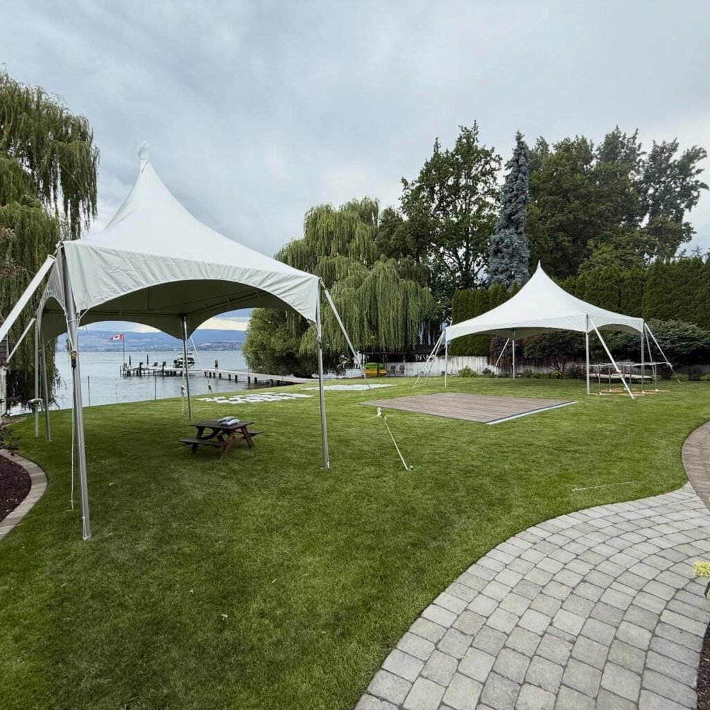 outdoor sub floor and dance floor setup for corporate gala event in Okanagan wine country