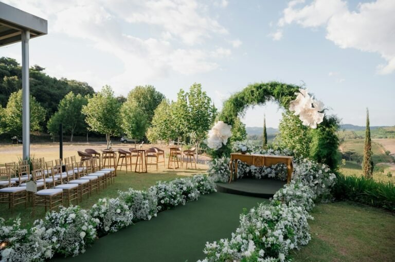 wireless microphone with stand set up for outdoor wedding ceremony in BC vineyard